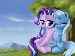 Size: 4000x3000 | Tagged: safe, artist:flusanix, imported from derpibooru, starlight glimmer, trixie, pony, unicorn, best friends, duo, duo female, eyes closed, female, hug, mare