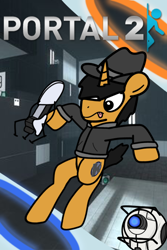 Size: 600x900 | Tagged: safe, artist:kaokraft, imported from derpibooru, oc, oc:kaokraft, pony, unicorn, black mane, clothes, fedora, hair over one eye, hat, jacket, portal, portal (valve), portal 2, portal gun, wheatley