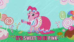 Size: 1280x720 | Tagged: safe, edit, edited screencap, imported from derpibooru, part of a set, screencap, pinkie pie, earth pony, pony, suited for success, candy, candy background, candy cane, caption, clothes, cookie, dignified wear, dress, female, food, gala dress, image macro, lollipop, mare, pink, solo, text