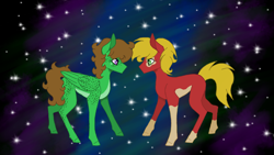 Size: 1136x640 | Tagged: safe, artist:forgottenchesire, derpibooru exclusive, imported from derpibooru, oc, oc:gadget, oc:peppermint tumble, earth pony, pegasus, base used, gay, male
