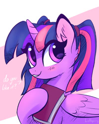 Size: 800x1000 | Tagged: safe, alternate version, artist:lollipony, imported from derpibooru, twilight sparkle, alicorn, pony, alternate hairstyle, book, cute, dialogue, ear fluff, eye clipping through hair, female, holding, looking at you, mare, pigtails, question, raised hoof, smiling, solo, talking to viewer, twiabetes, twigtails, twilight sparkle (alicorn), twintails