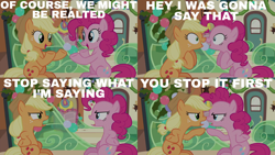 Size: 2000x1125 | Tagged: safe, edit, edited screencap, editor:quoterific, imported from derpibooru, screencap, applejack, lemon hearts, pinkie pie, hearthbreakers, misspelling