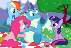 Size: 3549x2399 | Tagged: safe, artist:porygon2z, imported from derpibooru, pinkie pie, rainbow dash, twilight sparkle, oc, oc:gutz, dragon, earth pony, pegasus, pony, unicorn, basket, cake, fat, female, food, male, picnic, picnic basket, picnic blanket, water