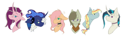 Size: 1280x375 | Tagged: safe, artist:articfoxdraws, imported from derpibooru, oc, oc only, oc:aria, oc:farren, oc:kohen, oc:leona, oc:lunar, oc:nixon, earth pony, hybrid, choker, female, glasses, interspecies offspring, magical lesbian spawn, male, mare, neckerchief, next generation, offspring, parent:applejack, parent:big macintosh, parent:braeburn, parent:discord, parent:fluttershy, parent:marble pie, parent:octavia melody, parent:princess luna, parent:rainbow dash, parent:starlight glimmer, parent:sunburst, parent:vinyl scratch, parents:appledash, parents:braeble, parents:fluttermac, parents:lunacord, parents:scratchtavia, parents:starburst, simple background, stallion, transparent background