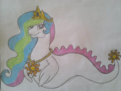 Size: 800x600 | Tagged: safe, artist:mimic951, imported from derpibooru, princess celestia, female, happy ness: the secret of the loch, loch ness monster, monster, simple background, solo, species swap, traditional art, white background