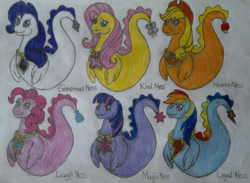 Size: 600x438 | Tagged: safe, artist:mimic951, imported from derpibooru, applejack, fluttershy, pinkie pie, rainbow dash, rarity, twilight sparkle, female, happy ness: the secret of the loch, loch ness monster, mane six, my little x, simple background, species swap, traditional art, white background
