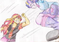 Size: 2386x1725 | Tagged: safe, artist:chelimaki, imported from derpibooru, sunset shimmer, twilight sparkle, human, equestria girls, clothes, fanart, leg warmers, my hero academia, reference, shoes, skirt, traditional art