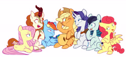 Size: 6149x2787 | Tagged: safe, artist:chub-wub, imported from derpibooru, applejack, autumn blaze, coloratura, fluttershy, rainbow dash, rarity, strawberry sunrise, earth pony, kirin, pegasus, pony, unicorn, appledash, appledashshy, applejack gets all the mares, applejack's hat, applerise, appleshy, autumberry colorarijack, autumnjack, bedroom eyes, blushing, cowboy hat, eyeshadow, fangs, female, freckles, guitar, harem, hat, lesbian, makeup, mare, musical instrument, one eye closed, polyamory, raised hoof, rarajack, rarijack, shipping, simple background, sitting, tongue out, tsundere, white background, wink