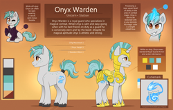 Size: 3372x2160 | Tagged: safe, artist:confetticakez, imported from derpibooru, oc, oc only, oc:onyx warden, pony, unicorn, armor, clothes, commission, gradient background, guard, hoodie, male, reference sheet, royal guard, smiling, stallion