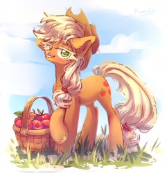 Size: 2079x2160 | Tagged: safe, artist:konejo, artist:konejo_yopta02, imported from derpibooru, applejack, earth pony, pony, apple, apple basket, basket, colored pupils, cute, cute little fangs, fangs, female, food, high res, looking at you, mare, solo