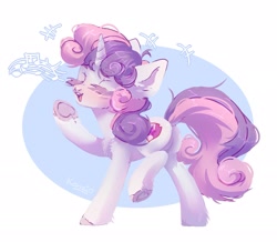 Size: 2048x1785 | Tagged: safe, artist:konejo, artist:konejo_yopta02, imported from derpibooru, sweetie belle, pony, unicorn, blushing, butt, chest fluff, colored hooves, cute, diasweetes, dock, ear fluff, eyes closed, female, filly, leg fluff, music notes, plot, singing, solo