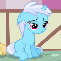 Size: 768x768 | Tagged: safe, imported from derpibooru, screencap, bloo, noi, pony, unicorn, a friend in deed, bloodorable, bloosad, cute, female, filly, floppy ears, frown, linkelina, offscreen character, ponyville, sad, sad face, sadorable, sitting, smile song, solo, solo focus