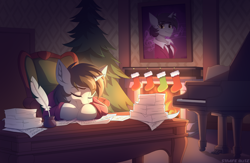 Size: 3138x2040 | Tagged: safe, artist:strafe blitz, imported from derpibooru, oc, oc only, oc:darius, pony, unicorn, christmas, christmas tree, clothes, desk, fire, fireplace, holiday, ink, inkwell, music notes, musical instrument, painting, paper, piano, quill, sleeping, socks, solo, stockings, thigh highs, tree