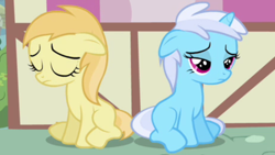 Size: 1280x720 | Tagged: safe, imported from derpibooru, screencap, bloo, noi, earth pony, pony, unicorn, a friend in deed, bloodorable, bloosad, cute, duo, duo female, eyes closed, female, filly, floppy ears, frown, linkelina, linky dee, noiabetes, noisad, ponyville, sad, sad face, sadorable, sitting, smile song