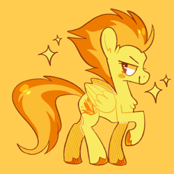 Size: 640x640 | Tagged: safe, artist:bumblesnail-art, imported from derpibooru, spitfire, pegasus, pony, chest fluff, colored hooves, female, mare, one hoof raised, orange background, profile, raised hoof, simple background, solo, sparkles
