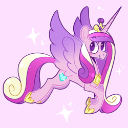 Size: 1280x1280 | Tagged: safe, artist:bumblesnail-art, imported from derpibooru, princess cadance, alicorn, pony, crown, cute, cutedance, female, jewelry, mare, no pupils, pink background, regalia, simple background, solo, spread wings, wings