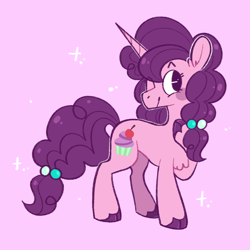 Size: 1280x1280 | Tagged: safe, artist:bumblesnail-art, imported from derpibooru, sugar belle, pony, unicorn, chest fluff, cloven hooves, colored hooves, cute, female, mare, no pupils, one eye closed, pink background, simple background, solo, sugarbetes, wink