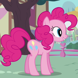 Size: 768x768 | Tagged: safe, imported from derpibooru, screencap, pinkie pie, earth pony, pony, a friend in deed, balloon, cute, cutie mark, diapinkes, female, grin, mare, ponyville, smile song, smiling, solo, solo focus, tree