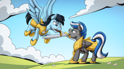 Size: 2560x1440 | Tagged: safe, artist:mysticalpha, imported from derpibooru, oc, oc only, oc:cloud zapper, oc:star blade, pegasus, armor, cloud, male, pegasus oc, royal guard, royal guard armor, stallion, sword, weapon, wings