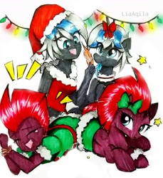 Size: 2013x2199 | Tagged: safe, artist:liaaqila, imported from derpibooru, tempest shadow, oc, oc:elizabat stormfeather, alicorn, bat pony, bat pony alicorn, pony, unicorn, equestria girls, alicorn oc, bat pony oc, bat wings, belt, bondage, bow, broken horn, canon x oc, choker, christmas, christmas lights, clothes, coat, commission, crying, dress, duality, equestria girls-ified, eye scar, eyes closed, feather, female, hair bow, hat, holiday, horn, human ponidox, laughing, lesbian, lying down, mare, mouth hold, open mouth, prone, ribbon, rope, rope bondage, santa hat, scar, self paradox, self ponidox, shipping, simple background, skirt, stormshadow, tears of laughter, tickle torture, tickling, traditional art, white background, wings