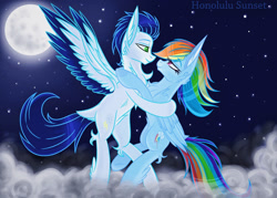 Size: 1280x916 | Tagged: safe, artist:misscandyt, imported from derpibooru, rainbow dash, soarin', butt feathers, cloud, colored wings, dancing, embrace, female, flying, male, moon, night, night sky, old cutie mark, shipping, sky, soarindash, stars, straight, wings