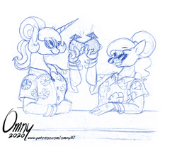 Size: 800x693 | Tagged: safe, artist:omny87, imported from derpibooru, princess celestia, princess luna, alicorn, anthro, alternate hairstyle, bracelet, clothes, coconut cup, female, glasses, hawaiian shirt, jewelry, royal sisters, shirt, siblings, sisters, sketch, smiling