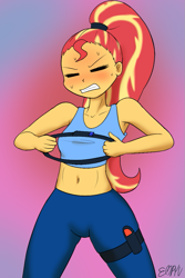 Size: 667x1000 | Tagged: safe, artist:empyu, imported from derpibooru, sunset shimmer, equestria girls, 30 minute art challenge, alternate hairstyle, belly button, clothes, eyes closed, female, midriff, pants, ponytail, purple background, ring fit adventure, simple background, solo, struggling, you're doing it wrong