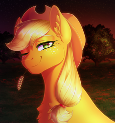 Size: 1716x1829 | Tagged: safe, artist:_ladybanshee_, imported from derpibooru, applejack, earth pony, pony, bust, cheek fluff, chest fluff, ear fluff, female, looking at you, mare, one eye closed, portrait, solo, straw in mouth, tree, wink