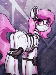 Size: 3000x4000 | Tagged: safe, artist:selenophile, imported from derpibooru, oc, oc only, oc:memory, pony, robot, robot pony, bedroom eyes, butt, commission, looking at you, looking back, looking back at you, plot, robutt, smiling, solo