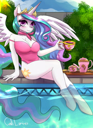 Size: 2000x2760 | Tagged: safe, artist:cali luminos, artist:caliluminos, imported from derpibooru, princess celestia, alicorn, anthro, unguligrade anthro, beautisexy, breasts, clothes, fanart, female, hot, one-piece swimsuit, pink swimsuit, public, relaxing, sexy, swimsuit