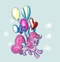 Size: 924x958 | Tagged: safe, artist:laya-21, imported from derpibooru, pinkie pie, earth pony, pony, balloon, eyes closed, floating, open mouth, smiling, solo, then watch her balloons lift her up to the sky