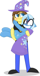 Size: 1230x2305 | Tagged: safe, artist:grapefruitface1, imported from derpibooru, trixie, oc, oc:grapefruit face, pony, unicorn, equestria girls, base used, blushing, canon x oc, cape, clothes, cuddling, female, grapexie, hat, holding, holding a pony, human and pony, male, shipping, simple background, straight, stylized, transparent background, trixie's cape, trixie's hat