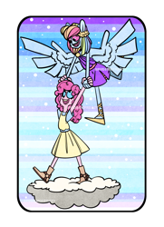 Size: 1885x2607 | Tagged: safe, artist:spudsmcfrenzy, imported from derpibooru, pinkie pie, rainbow dash, human, clothes, cloud, dress, eared humanization, female, humanized, lesbian, pinkiedash, shipping, winged humanization, wings