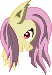 Size: 1563x2249 | Tagged: safe, imported from derpibooru, fluttershy, bat pony, pony, bat ponified, bust, fangs, female, flutterbat, looking at you, mare, open mouth, profile, race swap, red eyes, simple background, solo, white background