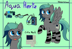 Size: 2500x1700 | Tagged: safe, artist:bloodysticktape, imported from derpibooru, oc, pegasus, pony, :p, computer, raised hoof, reference sheet, tongue out, walkman