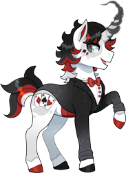 Size: 579x790 | Tagged: safe, alternate version, artist:lastnight-light, imported from derpibooru, oc, oc only, oc:ace, pony, unicorn, clothes, curved horn, horn, magic, male, raised hoof, simple background, solo, stallion, transparent background, tuxedo