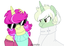Size: 543x394 | Tagged: safe, artist:pigeorgien, imported from derpibooru, oc, oc only, oc:spring drops, oc:trefoil clover, pony, unicorn, angry, clothes, female, mare, safety goggles, simple background, smiling, suit, sweater, trefoil is not amused, vexel