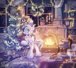 Size: 1714x1535 | Tagged: safe, artist:alexbluebird, imported from derpibooru, oc, oc only, alicorn, pony, alicorn oc, book, bookshelf, candle, candy, candy cane, chest fluff, christmas, christmas stocking, christmas tree, commission, cookie, dock, doll, fangs, fire, fireplace, fluffy, food, hat, holiday, horn, looking at you, night, present, rug, smiling, solo, toy, tree, wings
