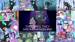 Size: 1974x1110 | Tagged: safe, edit, edited screencap, editor:quoterific, imported from derpibooru, screencap, crystal hoof, princess cadance, shining armor, spike, starlight glimmer, thorax, twilight sparkle, alicorn, changeling, changeling larva, the times they are a changeling, armor, crystal guard, crystal guard armor, derp, disguise, disguised changeling, royal guard, train, twilight sparkle (alicorn)