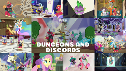 Size: 1974x1111 | Tagged: safe, edit, edited screencap, editor:quoterific, imported from derpibooru, screencap, big macintosh, discord, fluttershy, pinkie pie, rainbow dash, spike, squizard, unicorn, dungeons and discords, arrow, bag, bow (weapon), bow and arrow, captain wuzz, cutie map, discord's celestia face, garbuncle, opposite discord, opposite fluttershy, race swap, saddle bag, shield, sir mcbiggen, unicorn big mac, weapon