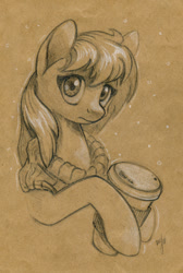Size: 739x1100 | Tagged: safe, artist:maytee, imported from derpibooru, oc, oc only, pony, bust, clothes, coffee cup, cup, hoof hold, looking at you, monochrome, partial color, portrait, traditional art