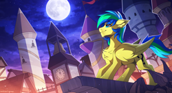 Size: 3000x1628 | Tagged: safe, artist:redchetgreen, imported from derpibooru, oc, oc only, oc:sky, gargoyle, pegasus, pony, chest fluff, clock tower, concave belly, cutie mark, full moon, high res, male, moon, night, scenery, scenery porn, slim, solo, stallion, thin