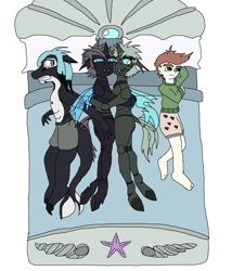 Size: 1200x1400 | Tagged: safe, artist:jasminerika, imported from derpibooru, oc, oc:dustin, oc:imago, oc:mako, oc:ogami, anthro, changeling, human, orca, starfish, awake, bed bug, bedroom, changeling sisters, changeling twins, clothes, colored, cuddling, face smoosh, fangs, female, partial nudity, pearl lamp, pillow, seashells, shorts, sibling love, sisterly love, sleeping, text, topless