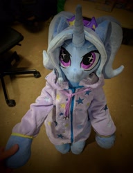 Size: 2837x3692 | Tagged: safe, artist:burgunzik, imported from derpibooru, trixie, semi-anthro, alternate hairstyle, babysitter trixie, clothes, hoodie, irl, photo, plushie, solo