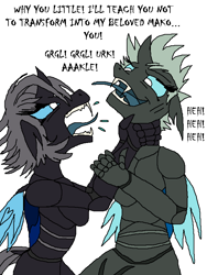 Size: 600x800 | Tagged: safe, artist:jasminerika, imported from derpibooru, oc, oc:imago, oc:ogami, anthro, changeling, angry, changeling sisters, changeling twins, chokehold, colored, fangs, female, fight, sibling rivalry, strangling, text, why you little