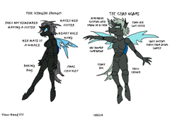 Size: 1200x800 | Tagged: safe, artist:jasminerika, imported from derpibooru, oc, oc:imago, oc:ogami, anthro, changeling, chad, chad stride, changeling sisters, changeling twins, colored, fangs, female, meme, siblings, text, tongue out, virgin, virgin walk