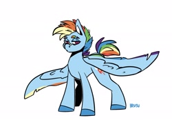 Size: 2048x1423 | Tagged: safe, artist:lrusu, imported from derpibooru, part of a set, rainbow dash, pegasus, pony, bandage, bandaid on nose, colored hooves, colored wings, eyebrows, lidded eyes, looking at you, male, multicolored wings, rainbow blitz, rule 63, short hair, simple background, solo, spread wings, stallion, white background, wings