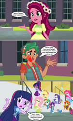 Size: 1128x1867 | Tagged: safe, artist:silverbuller, edit, edited screencap, imported from derpibooru, screencap, applejack, fluttershy, gloriosa daisy, pinkie pie, rainbow dash, rarity, sci-twi, sunset shimmer, timber spruce, twilight sparkle, equestria girls, comic, confused, facepalm, handprint, humane five, humane seven, humane six, mistaken identity, slap, twolight