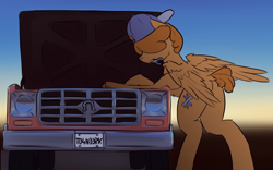 Size: 4000x2500 | Tagged: safe, artist:toanderic, imported from derpibooru, oc, oc only, oc:trucker, pegasus, pony, baseball cap, cap, car, fixing, hat, license plate, mechanic, mouth hold, pegasus oc, repairing, wings, wrench