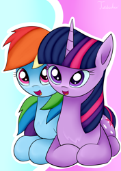 Size: 2480x3507 | Tagged: safe, artist:twidasher, imported from derpibooru, rainbow dash, twilight sparkle, pegasus, pony, unicorn, chest fluff, duo, female, lesbian, lying down, ponyloaf, prone, shipping, signature, twidash, unicorn twilight